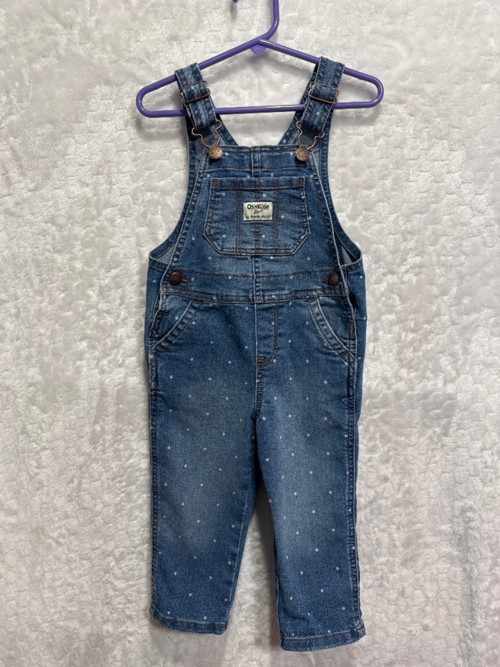 OshKosh B'gosh Girls Denim Polka Dot Overalls Blue/White 2T